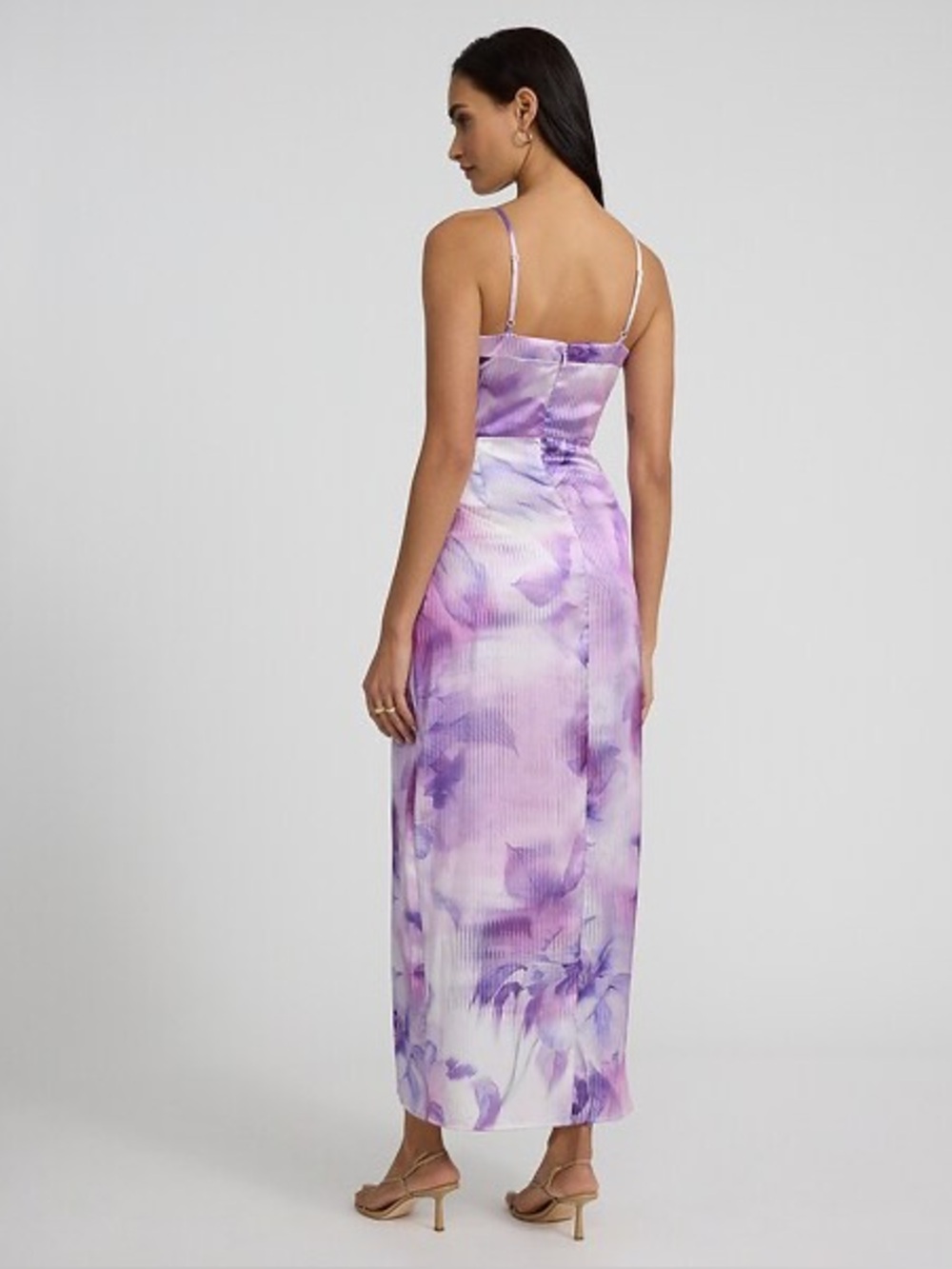 Express Satin Lavender Printed Sweetheart Sleeveless Ruched Maxi Dress MEDIUM - Picture 3 of 11
